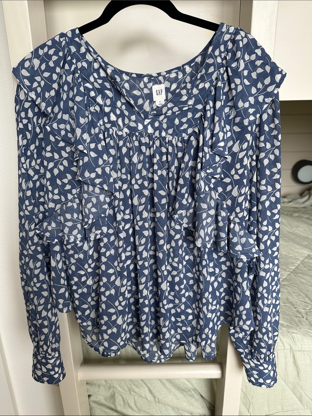 GAP Blue Leaf-Print Ruffle Blouse
